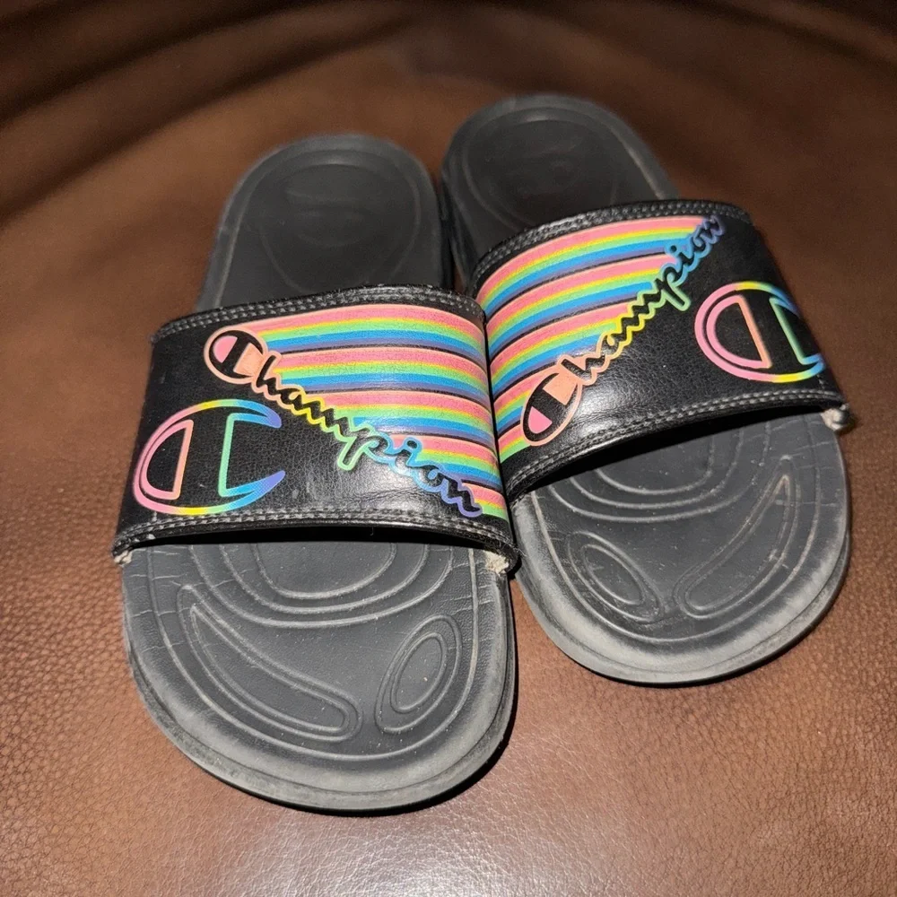 Champion Kids' Black Sandals with Rainbow Stripes